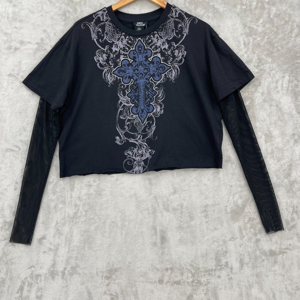 Hot Topic Social Collision Gothic Cross Fishnet Long Sleeve Top
